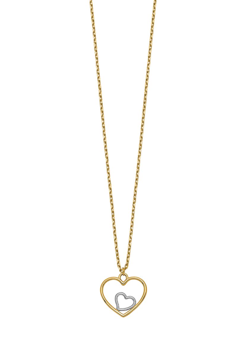 14K Yellow Gold with Rhodium Plated Heart in Heart Necklace