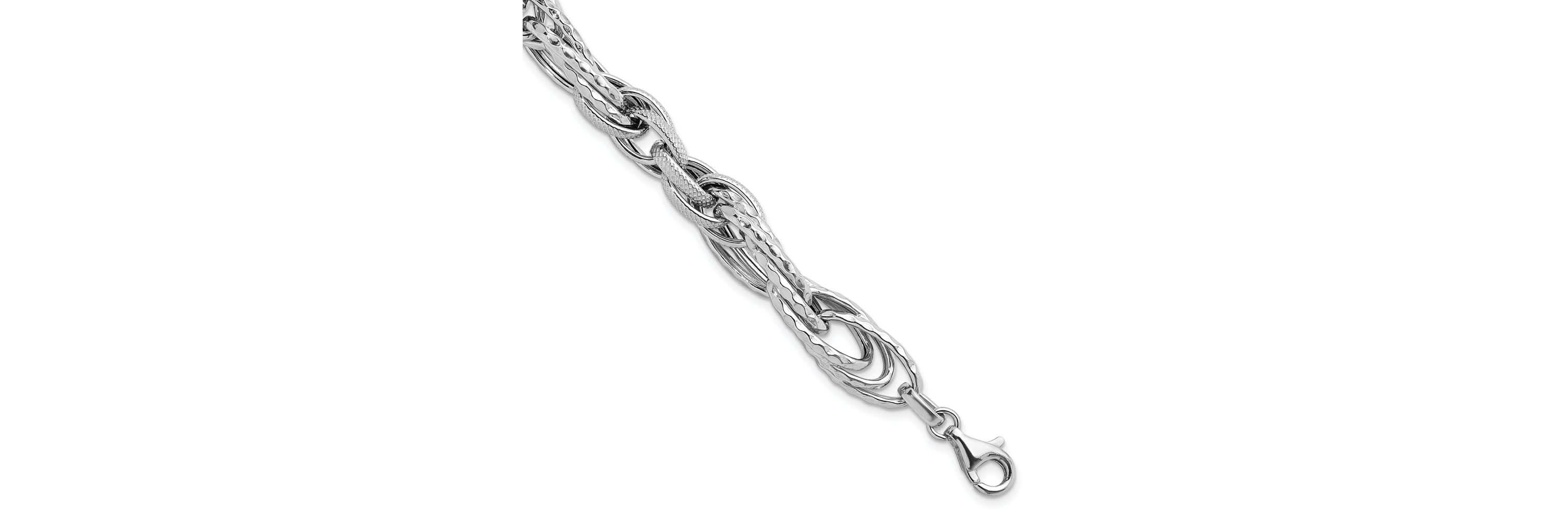 Sterling Silver Rhodium-plated Polished and Textured Fancy Link Bracelet