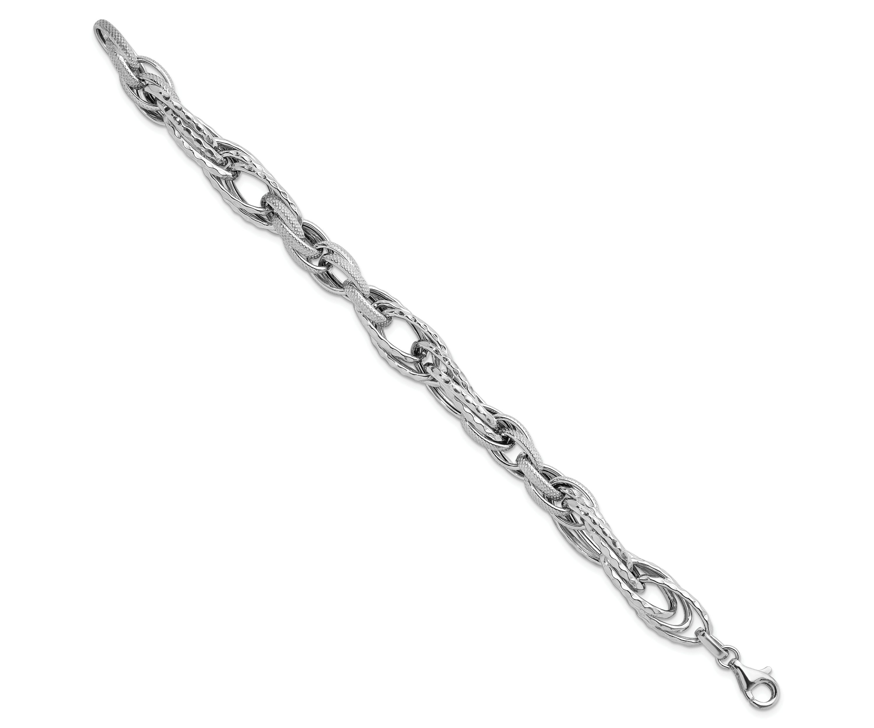Sterling Silver Rhodium-plated Polished and Textured Fancy Link Bracelet