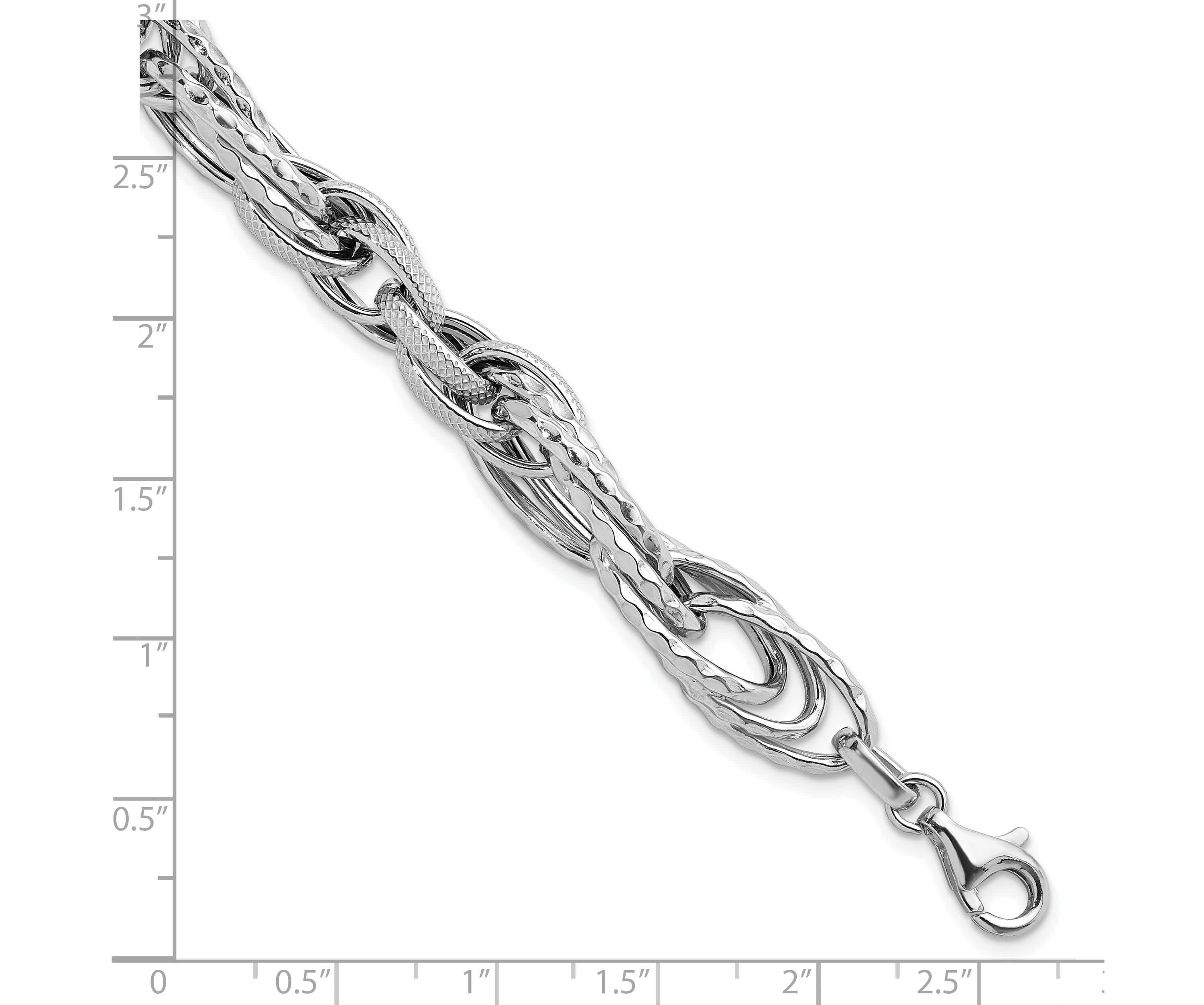 Sterling Silver Rhodium-plated Polished and Textured Fancy Link Bracelet