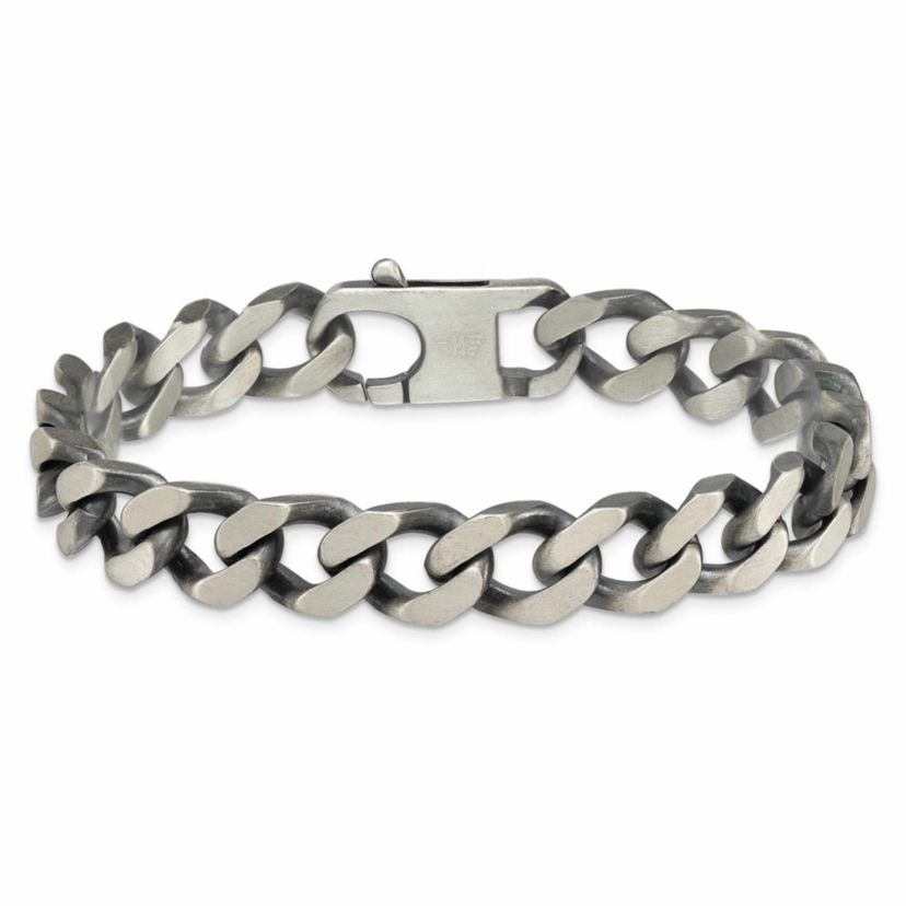 Sterling Silver Antiqued and Satin 10.0mm Curb 8-inch Chain Bracelet