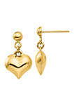 14K Yellow Gold Polished Puffed Heart Dangle Post Earrings
