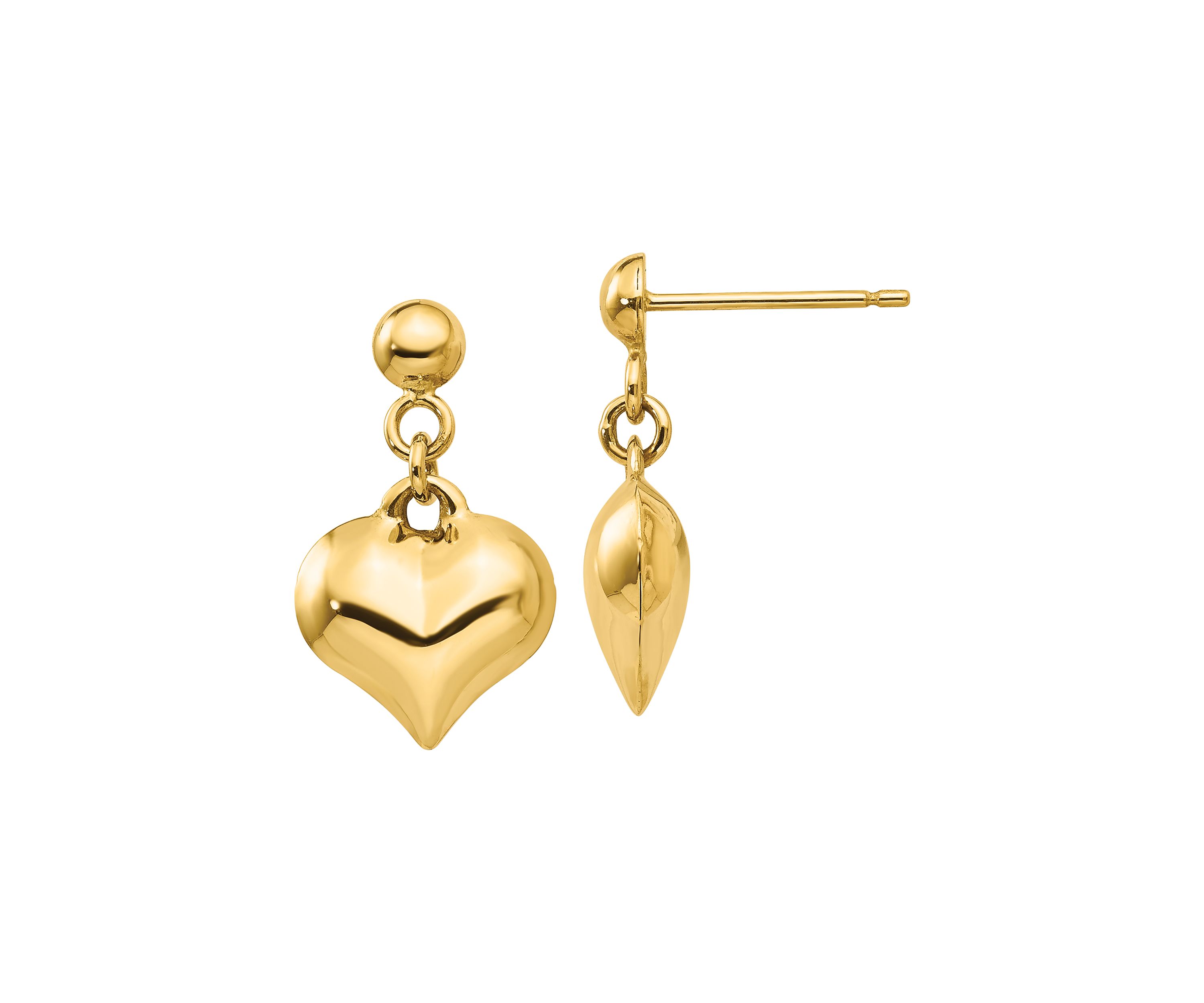 14K Yellow Gold Polished Puffed Heart Dangle Post Earrings