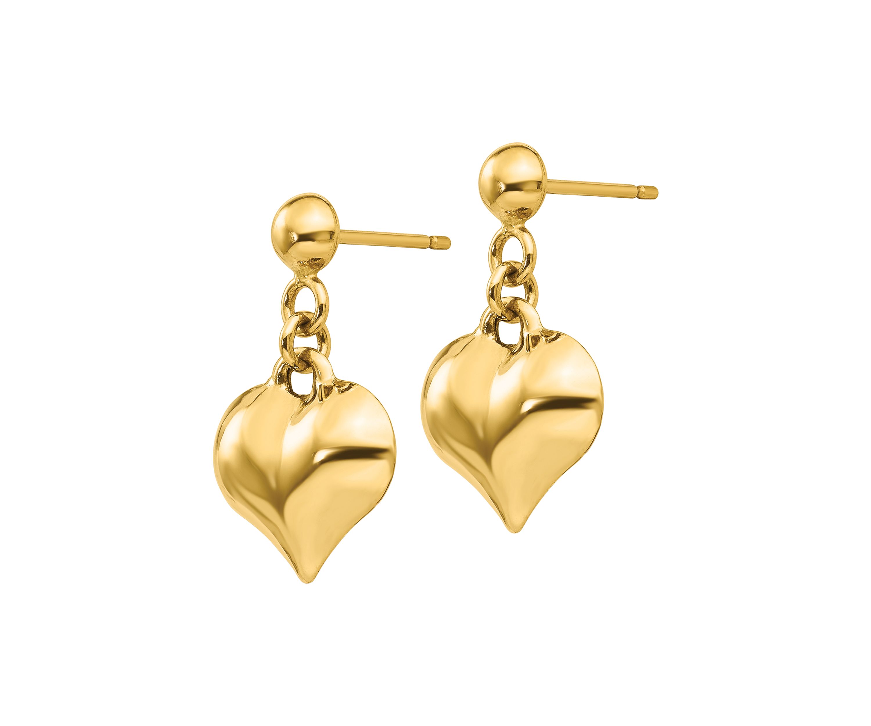 14K Yellow Gold Polished Puffed Heart Dangle Post Earrings