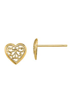 Filigree Heart Post Earrings in 14K Yellow Gold