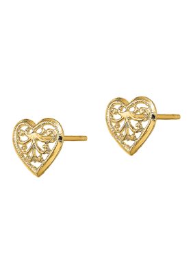 Filigree Heart Post Earrings in 14K Yellow Gold