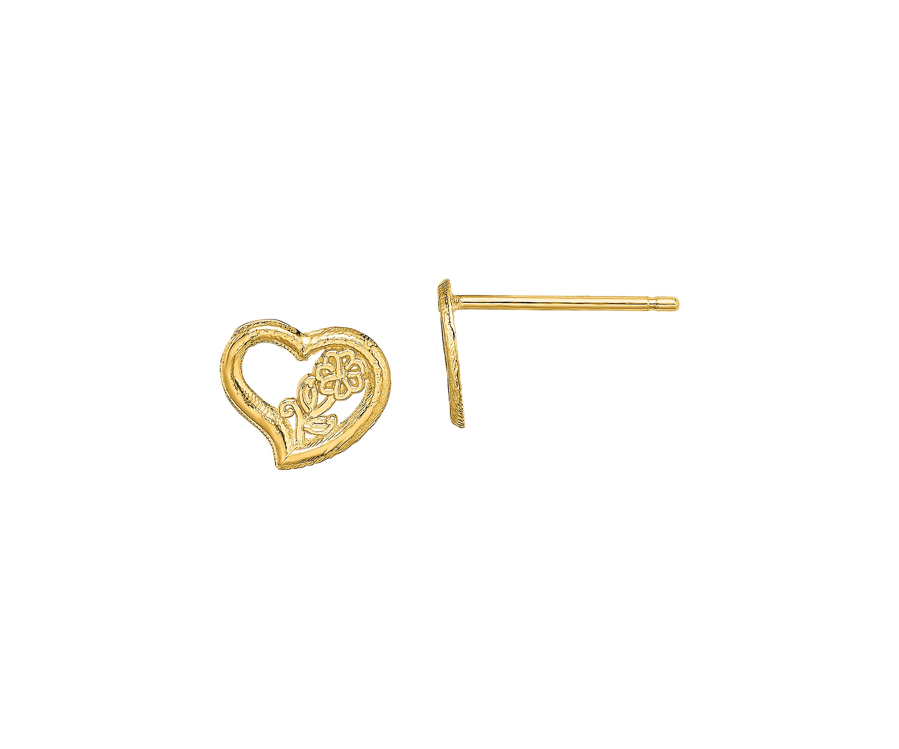 Open Heart with Flower Post Earrings in 14K Yellow Gold 