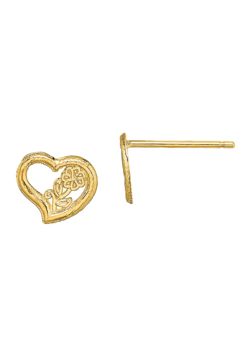 Open Heart with Flower Post Earrings in 14K Yellow Gold 