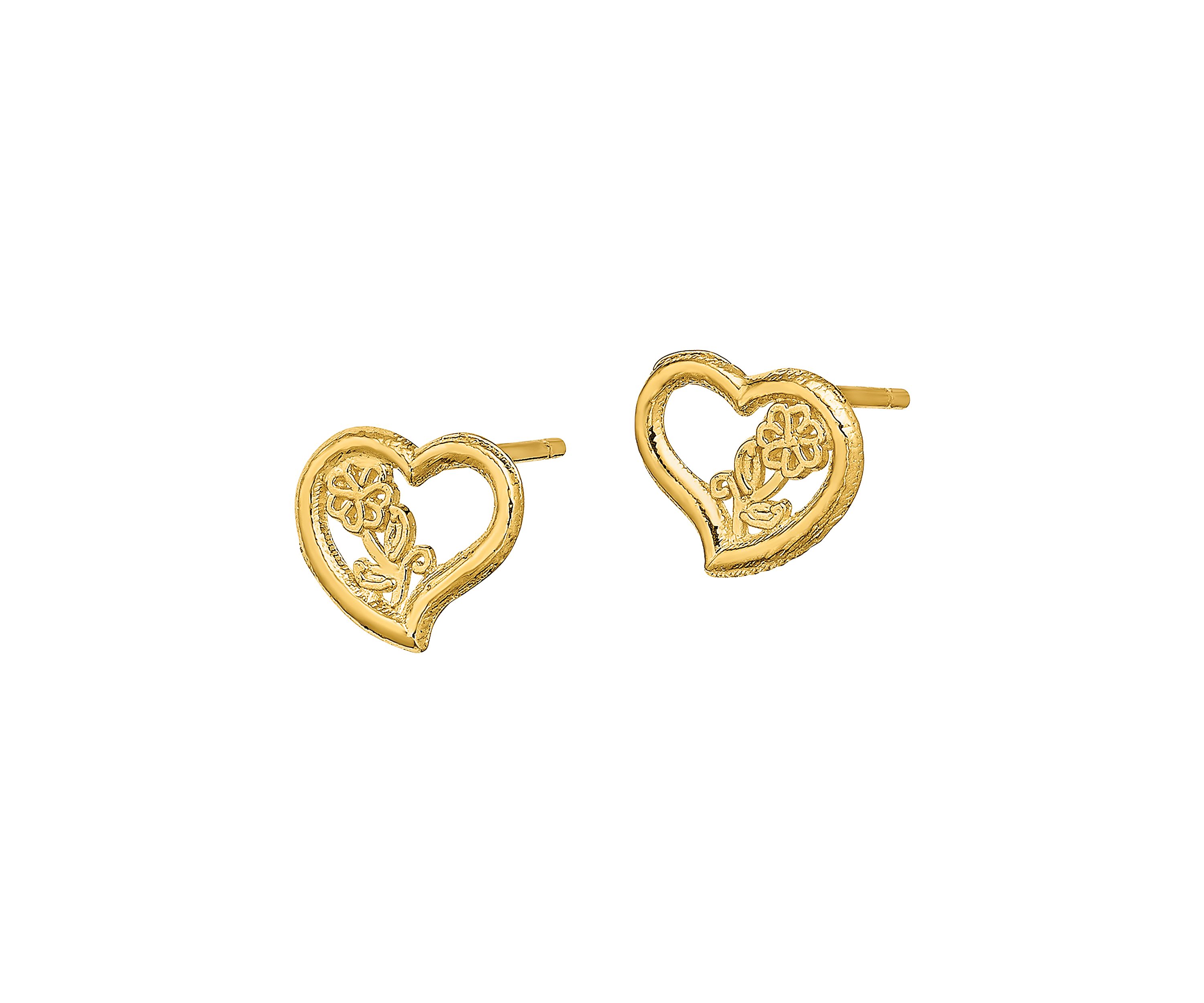 Open Heart with Flower Post Earrings in 14K Yellow Gold 