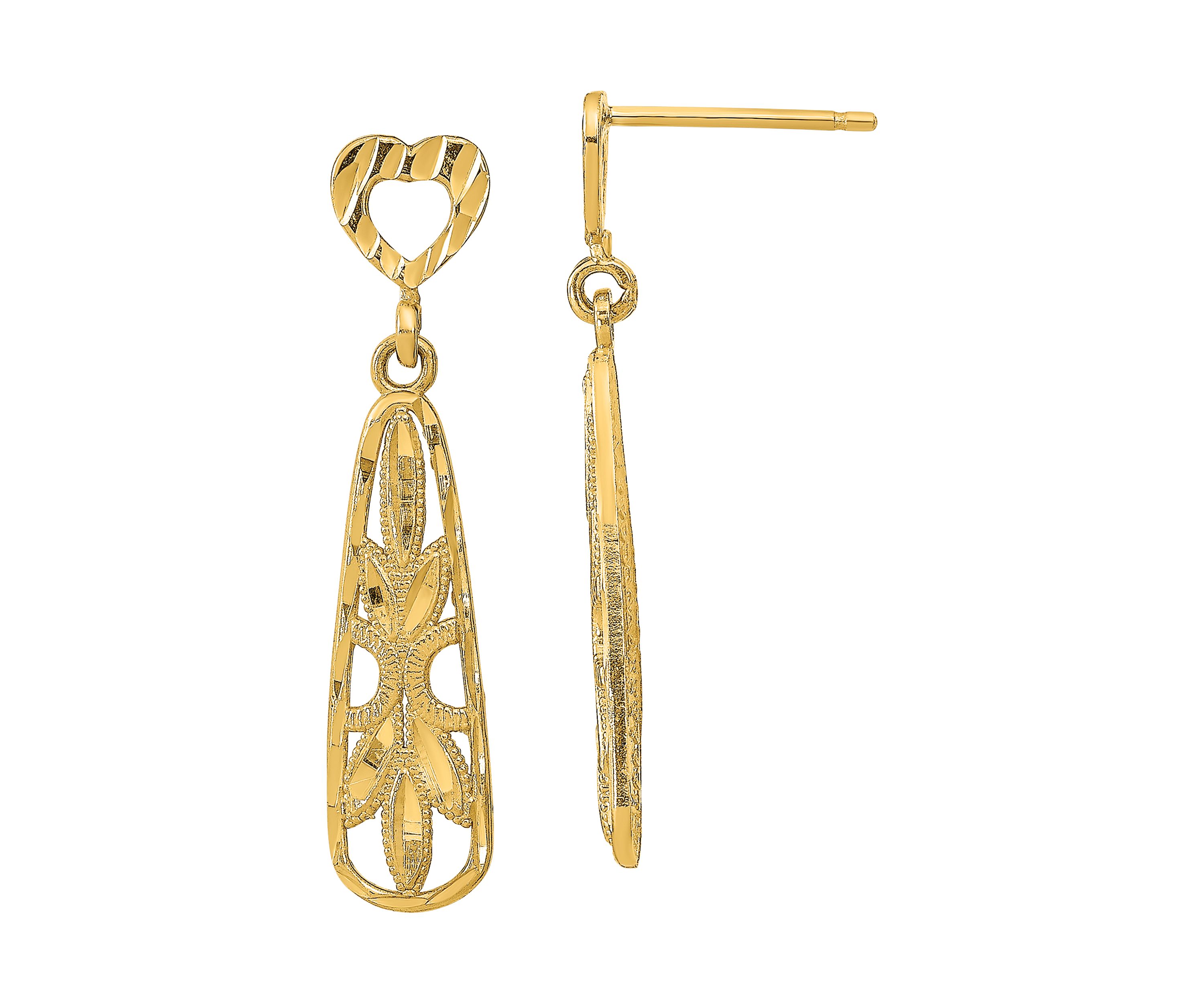 Diamond-Cut Teardrop Heart Dangle Earrings in 14K Yellow Gold