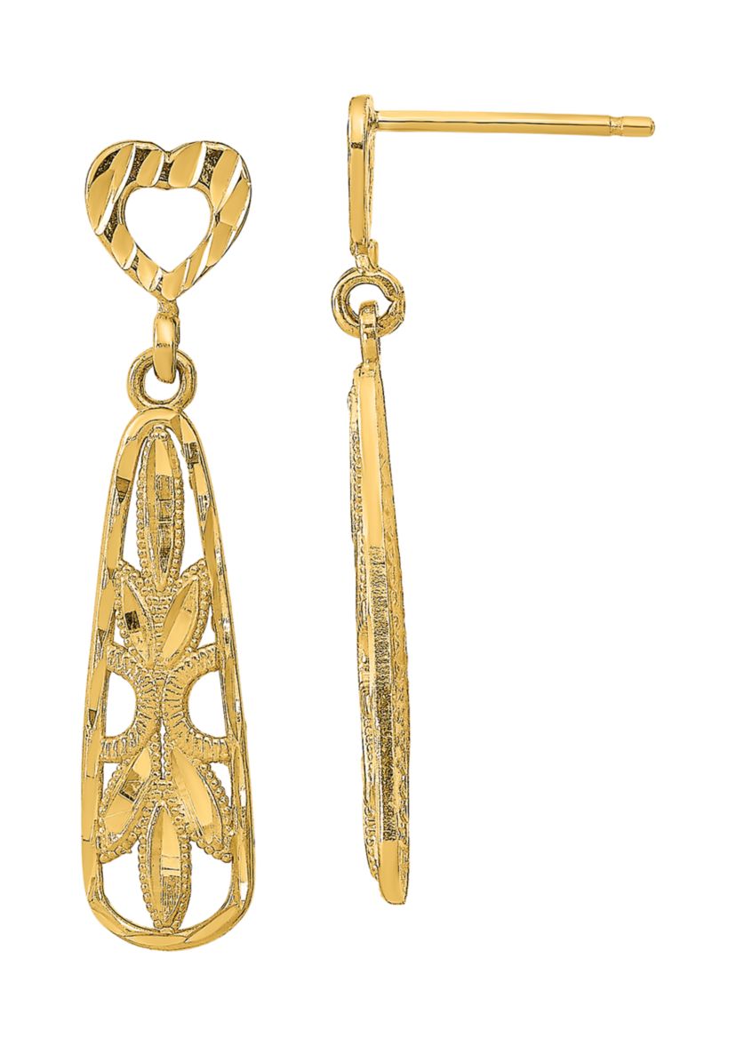 Diamond-Cut Teardrop Heart Dangle Earrings in 14K Yellow Gold