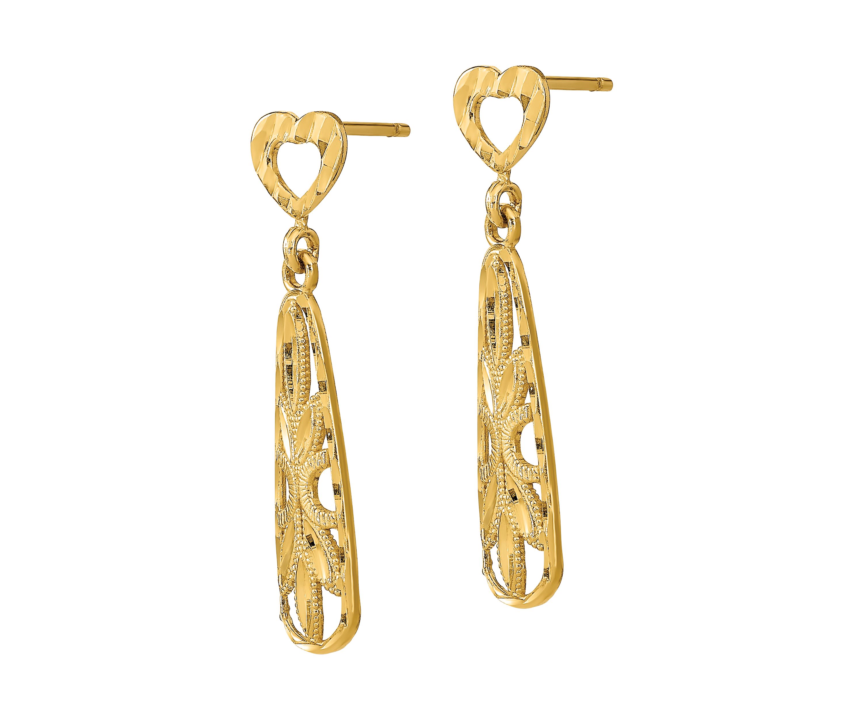 Diamond-Cut Teardrop Heart Dangle Earrings in 14K Yellow Gold