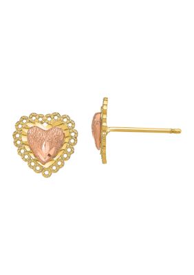 14K Two-Tone Diamond-Cut Heart with Lace Trim Post Earrings