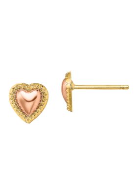 14K Two Tone Beaded Heart Post Earrings