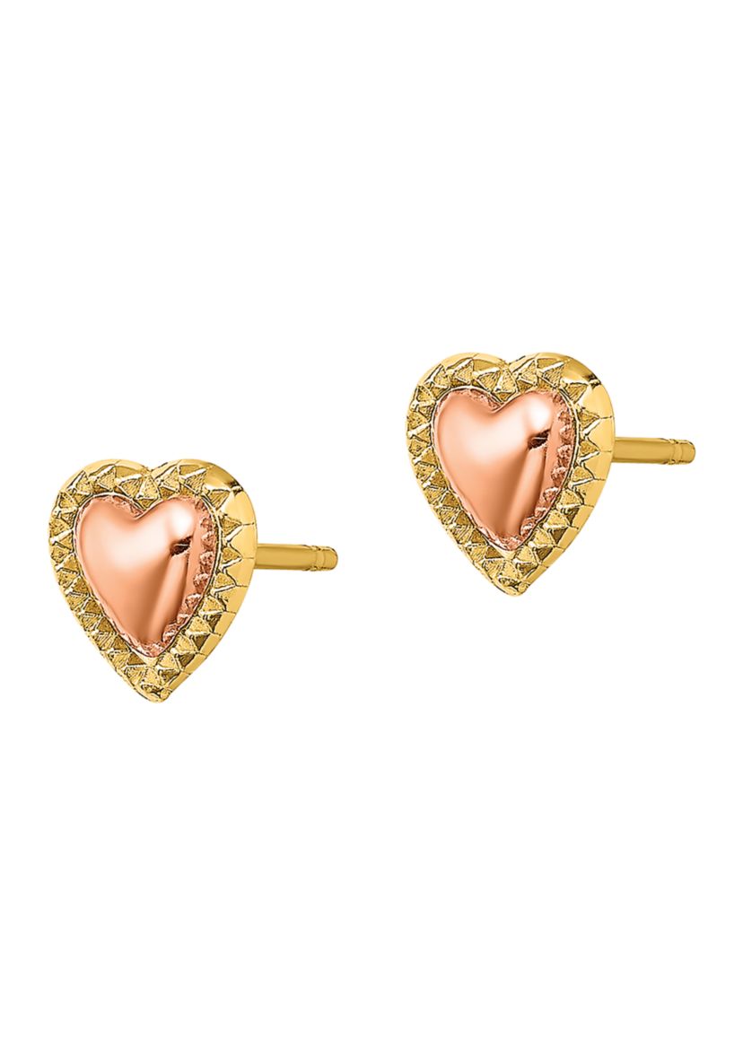 14K Two Tone Beaded Heart Post Earrings