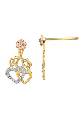 Belk & Co 14K Two-Tone with White Rhodium Hearts and Flower Post Earrings, Yellow