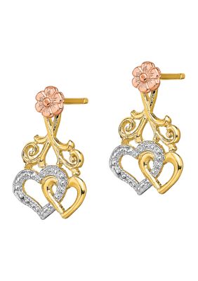14K Two-Tone with White Rhodium Hearts and Flower Post Earrings