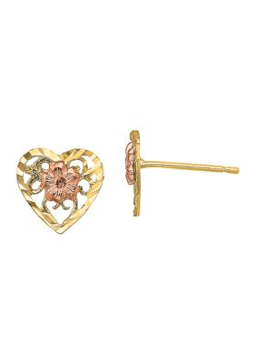 14K Two Tone Diamond Cut Heart and Flower Earrings