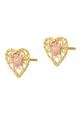 14K Two Tone Diamond Cut Heart and Flower Earrings