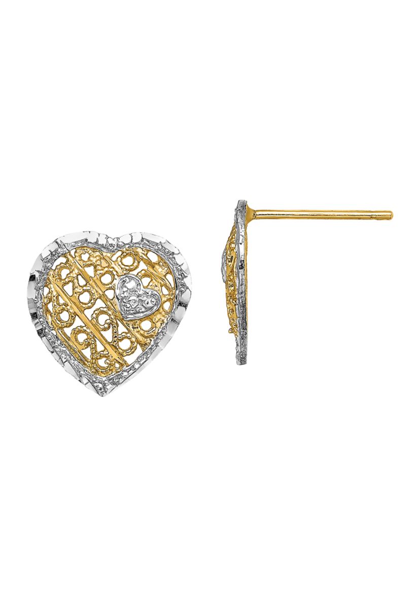 14K Yellow Gold with Rhodium-Plated Filigree Heart Post Earrings