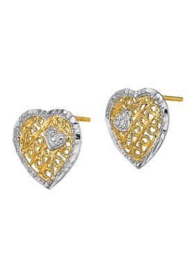 14K Yellow Gold with Rhodium-Plated Filigree Heart Post Earrings