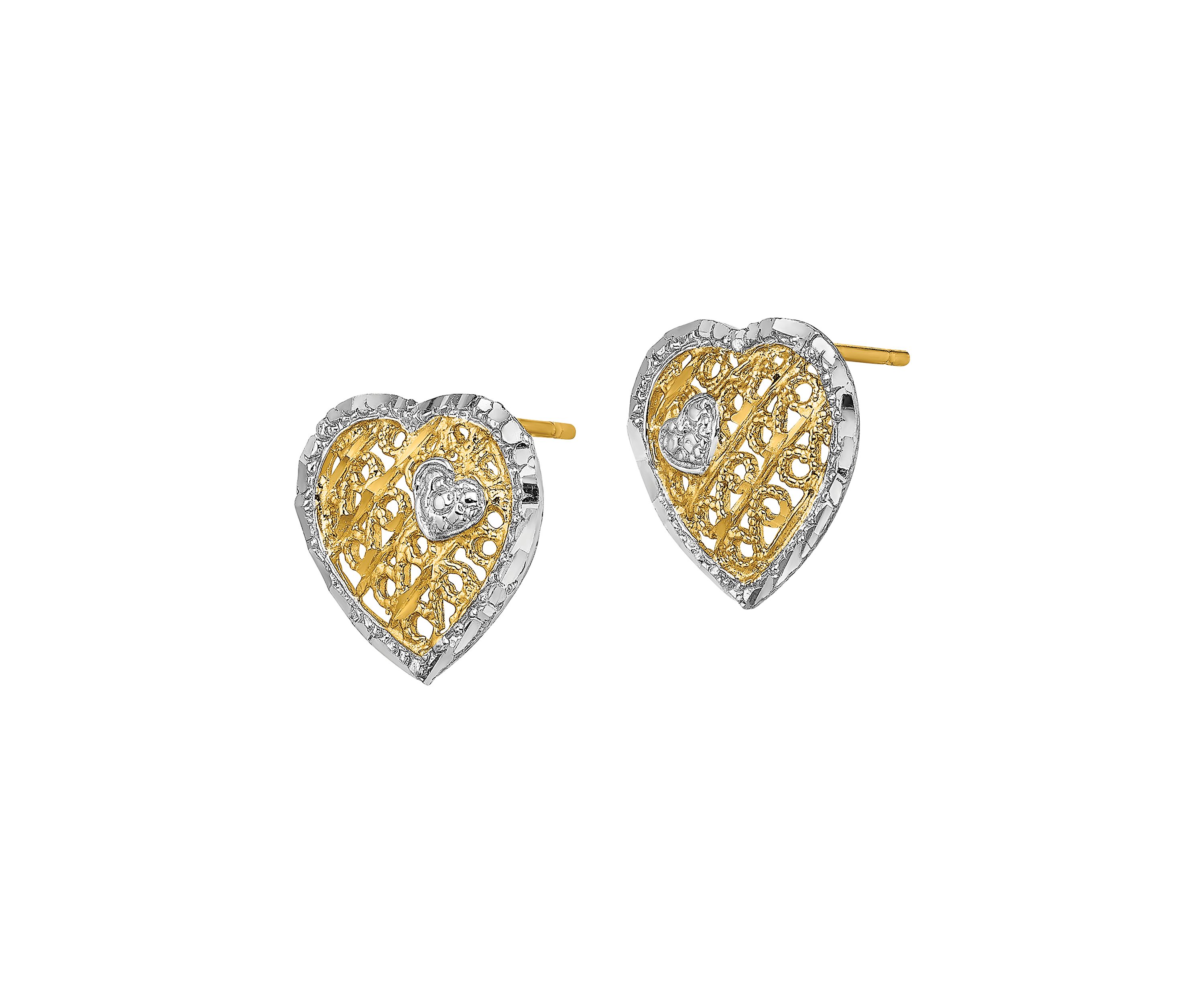 14K Yellow Gold with Rhodium-Plated Filigree Heart Post Earrings
