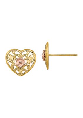 Belk & Co 14K Two Tone Polished Floral in Heart Post Earrings, Yellow