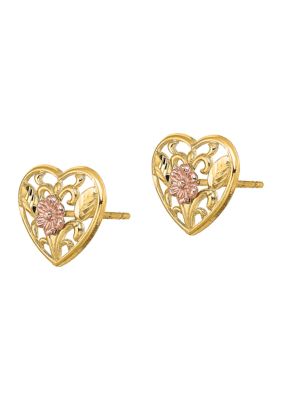 14K Two Tone Polished Floral in Heart Post Earrings