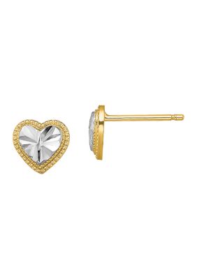 14K Yellow Gold with Rhodium Diamond Cut Heart Post Earrings