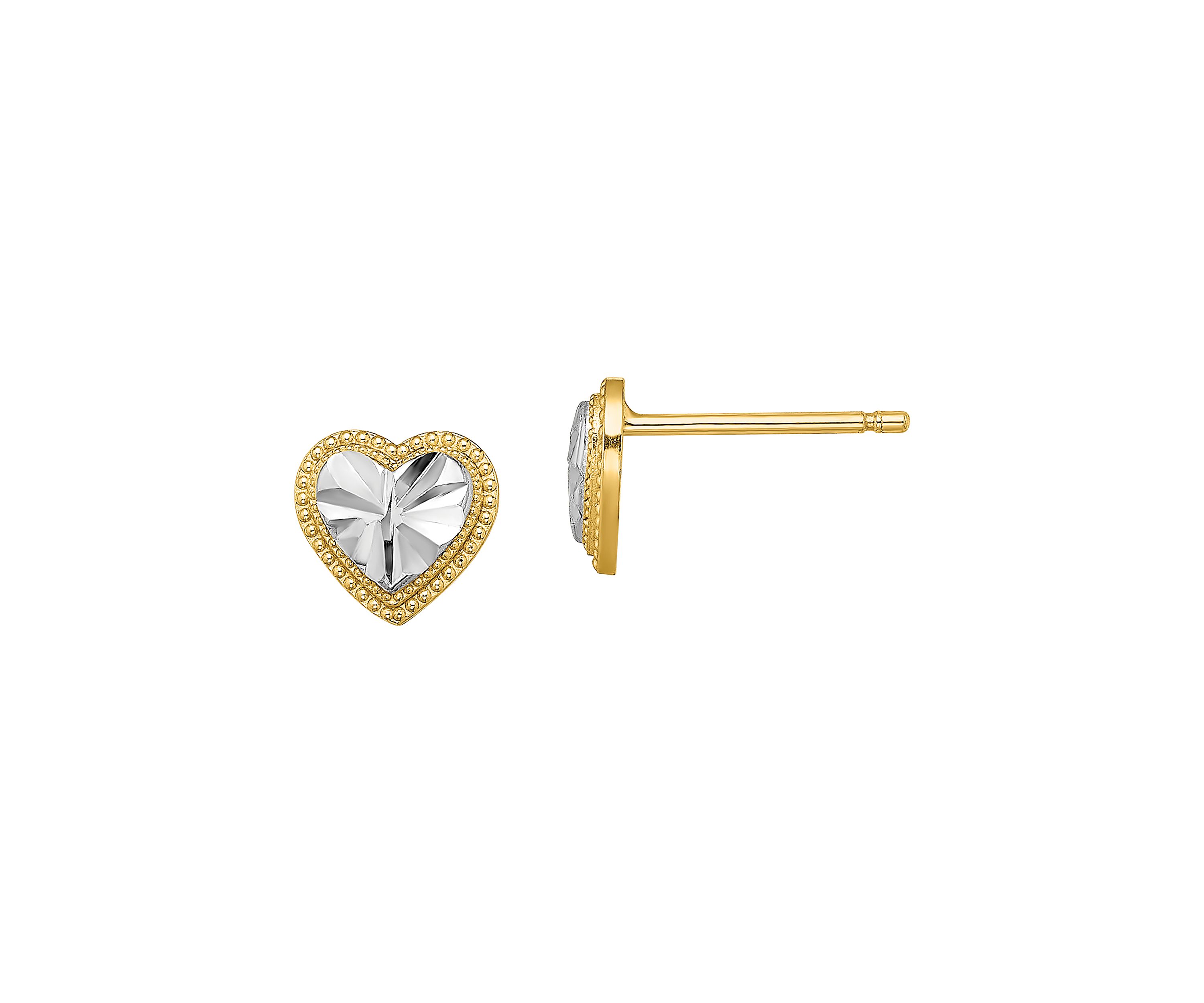14K Yellow Gold with Rhodium Diamond Cut Heart Post Earrings