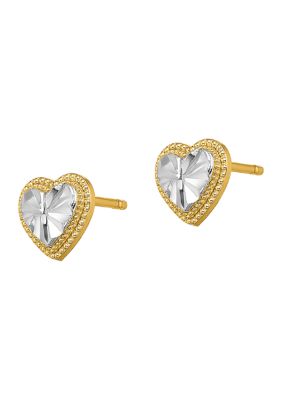 14K Yellow Gold with Rhodium Diamond Cut Heart Post Earrings