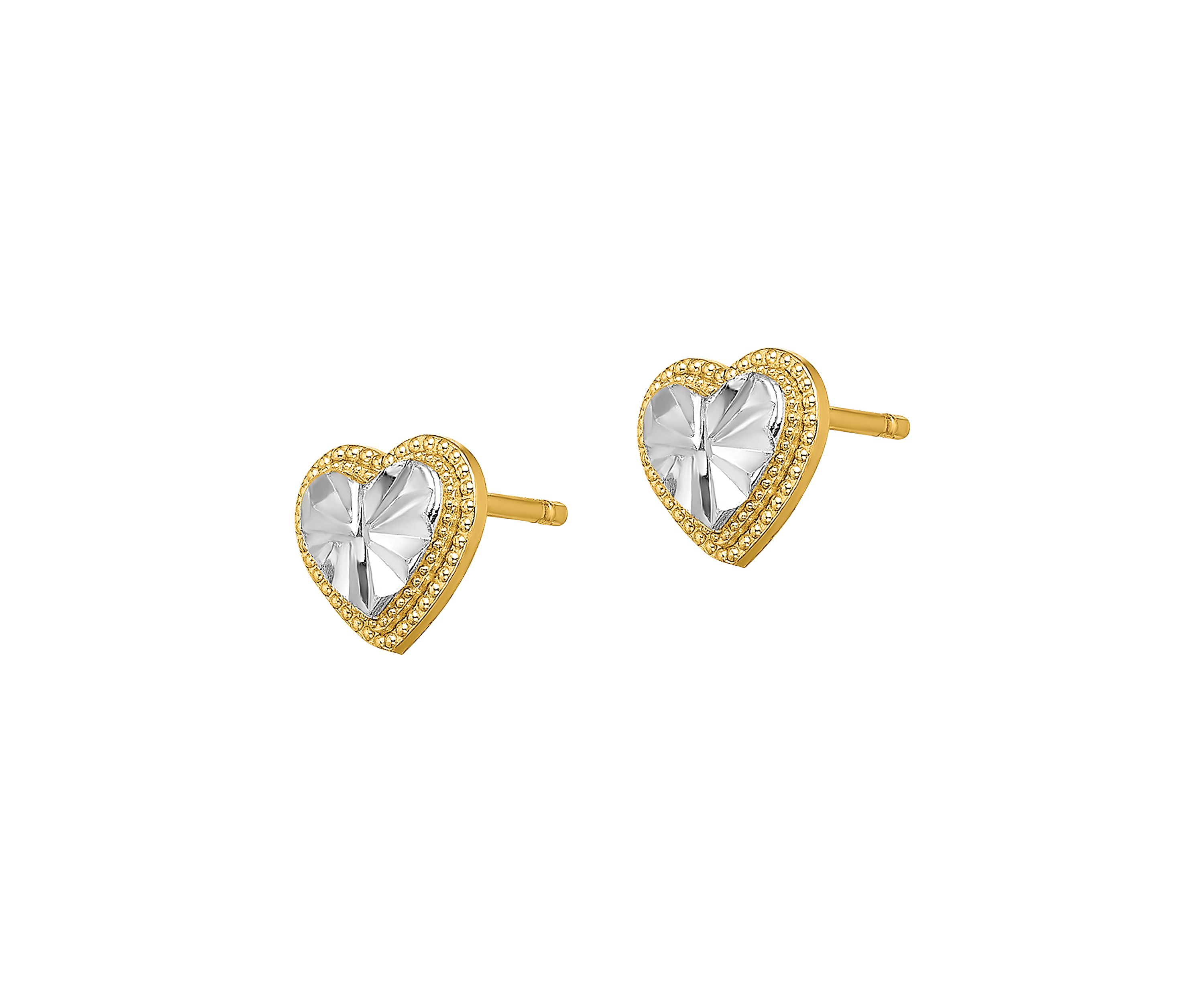 14K Yellow Gold with Rhodium Diamond Cut Heart Post Earrings