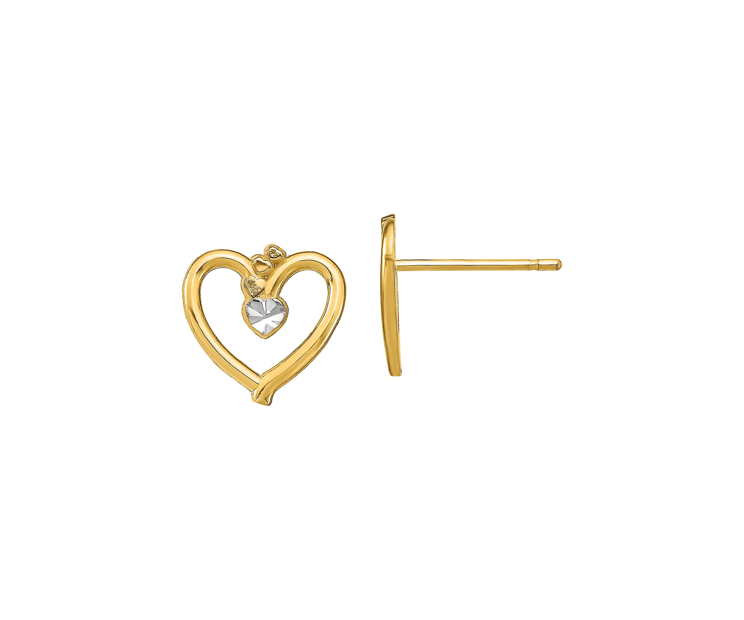 14K Yellow Gold with Rhodium Diamond Cut Heart Post Earrings