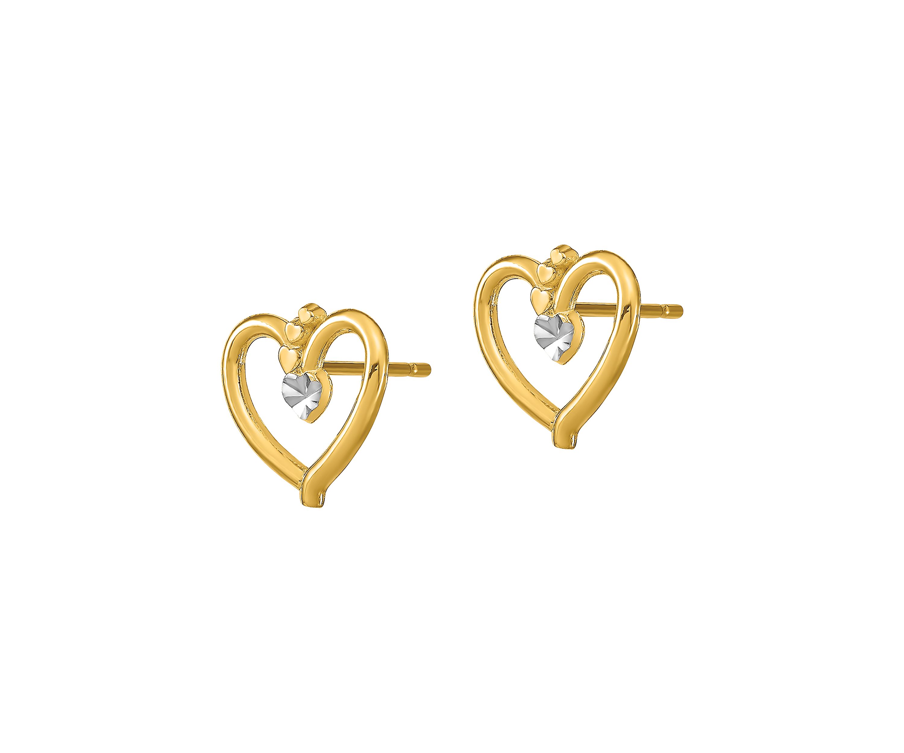 14K Yellow Gold with Rhodium Diamond Cut Heart Post Earrings