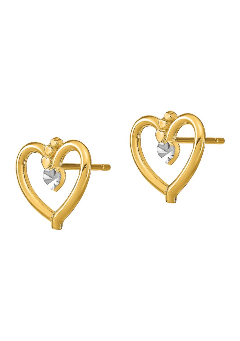 14K Yellow Gold with Rhodium Diamond Cut Heart Post Earrings