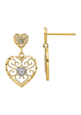 Belk & Co 14K Yellow Gold with Rhodium Heart Beaded Filigree Dangle Earrings