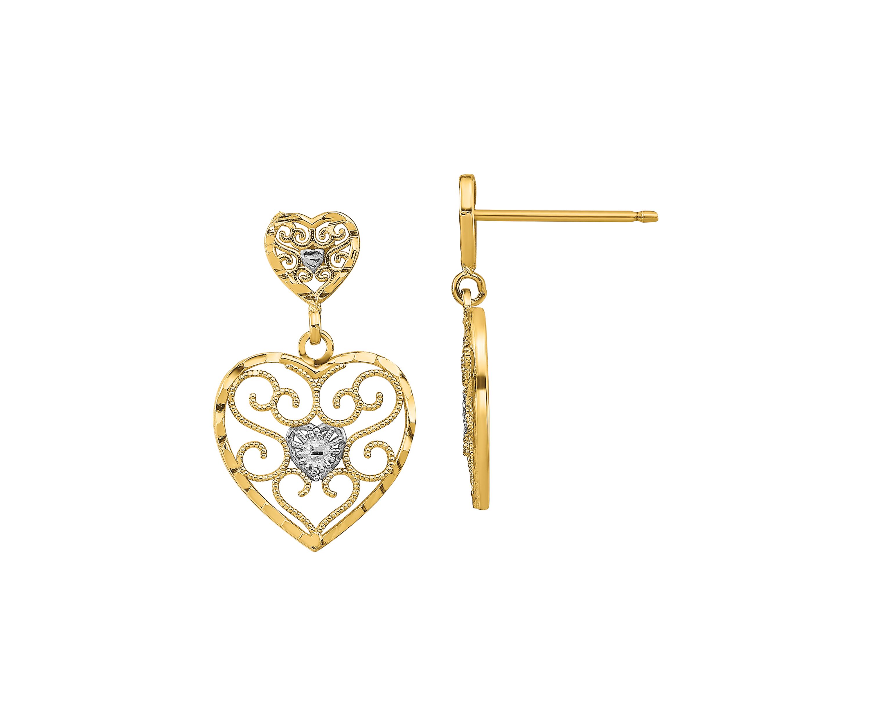 14K Yellow Gold with Rhodium Heart Beaded Filigree Dangle Earrings