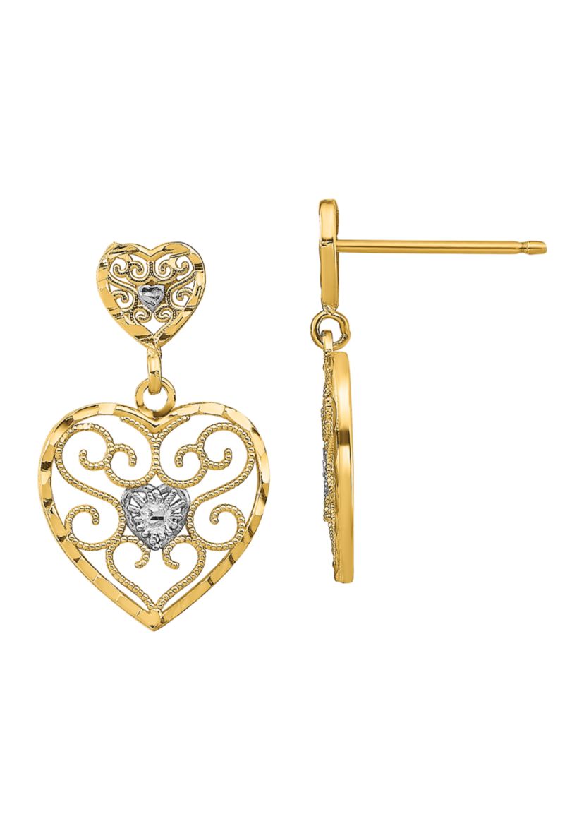 14K Yellow Gold with Rhodium Heart Beaded Filigree Dangle Earrings