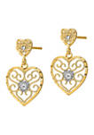 14K Yellow Gold with Rhodium Heart Beaded Filigree Dangle Earrings