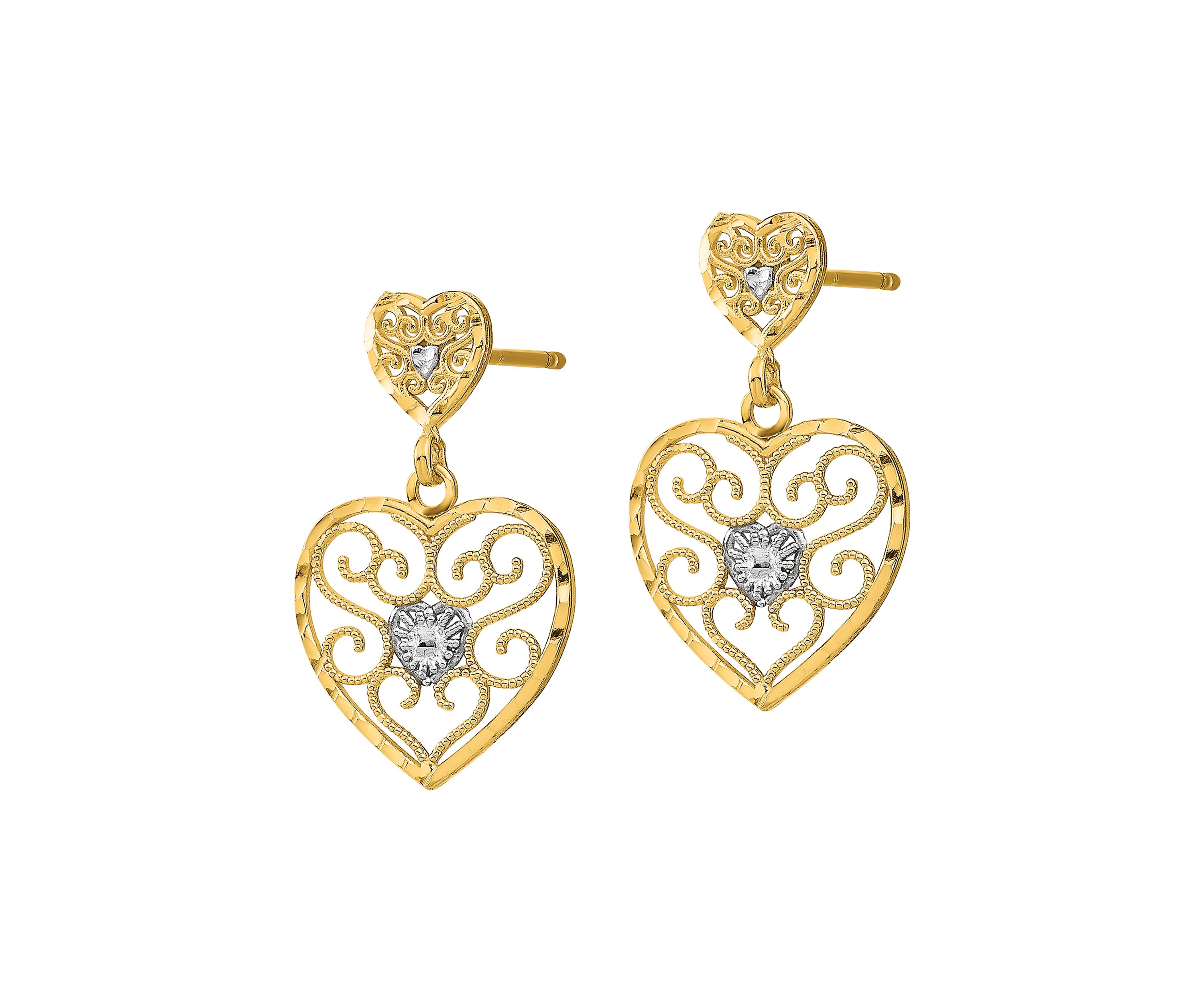 14K Yellow Gold with Rhodium Heart Beaded Filigree Dangle Earrings