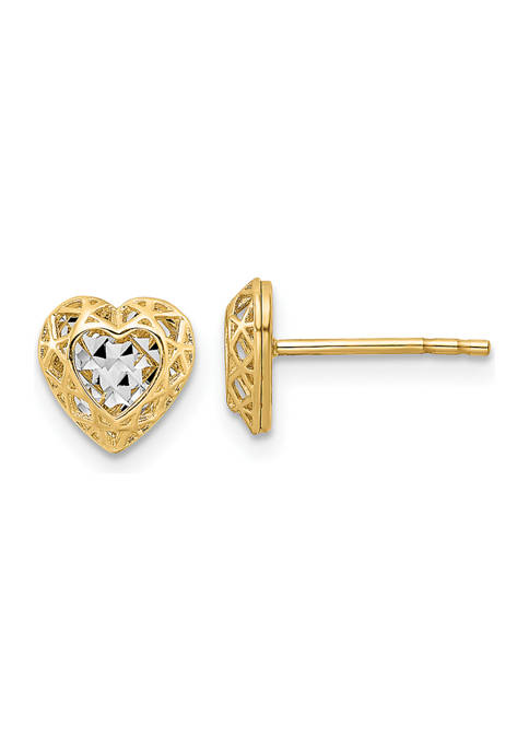 14K Yellow Gold with Rhodium Diamond-Cut Center Heart Post Earrings