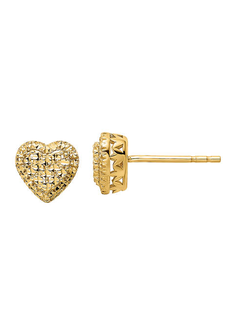 14K Yellow Gold Polished Diamond Cut Heart Post Earrings