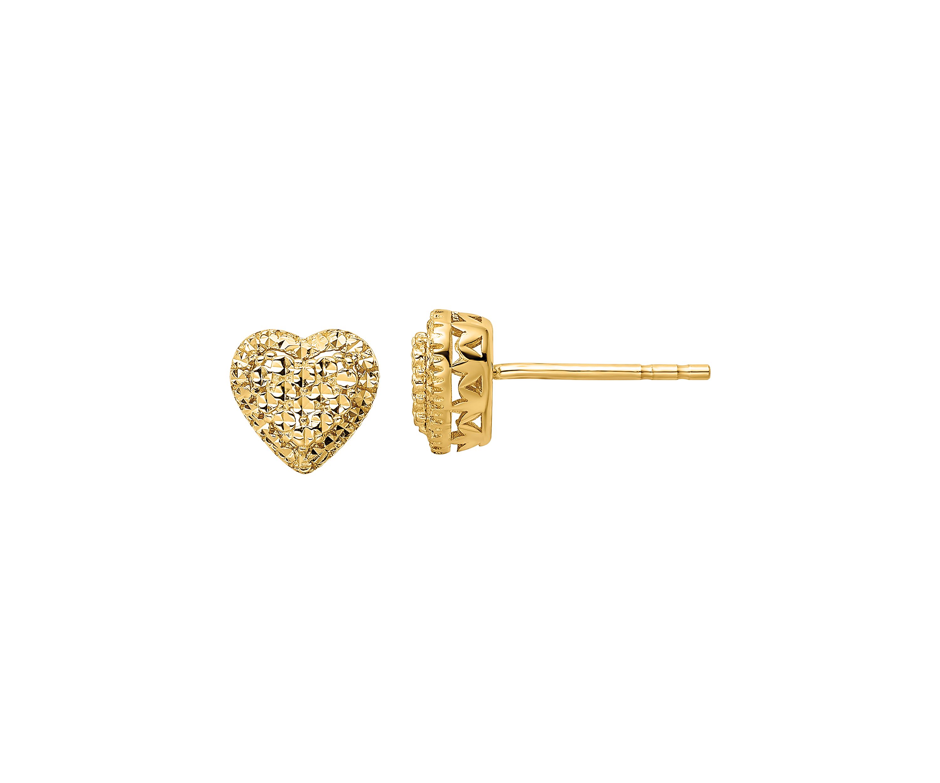 14K Yellow Gold Polished Diamond Cut Heart Post Earrings