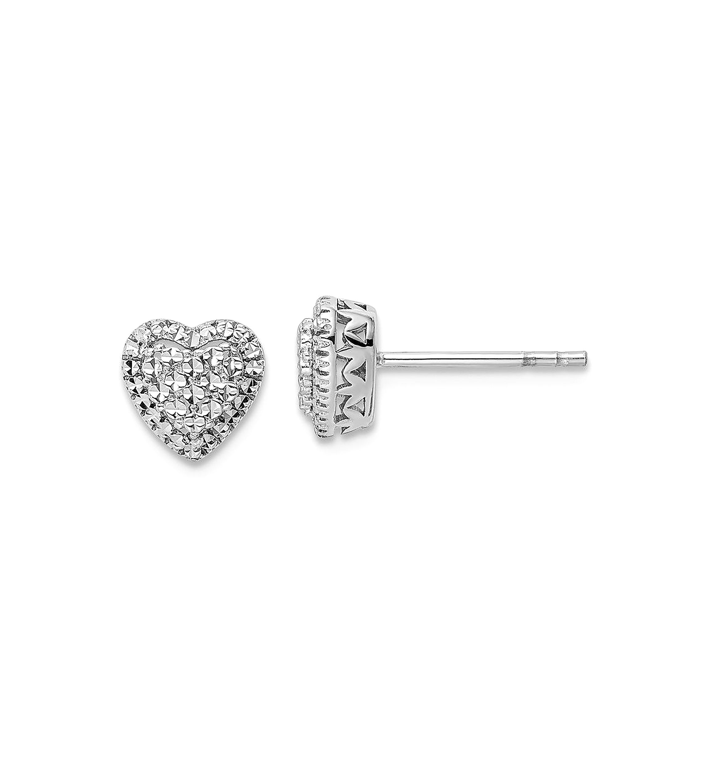 14K White Gold Polished Diamond Cut Heart Post Earrings