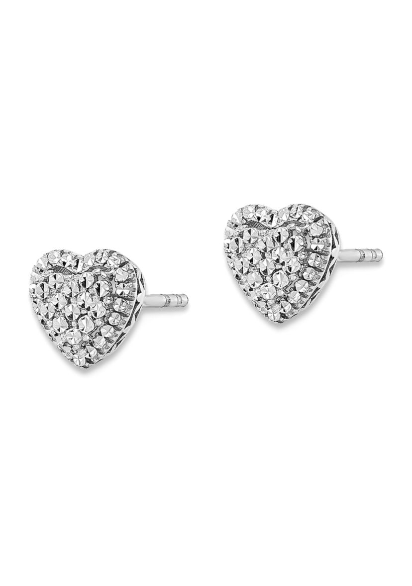 14K White Gold Polished Diamond Cut Heart Post Earrings