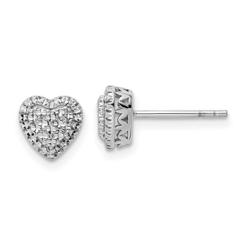 14K White Gold Polished Diamond Cut Heart Post Earrings
