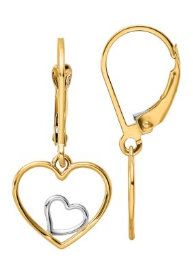 Belk & Co 14K Yellow Gold With Rhodium Heart In Heart Lever Back Dangle Earrings
