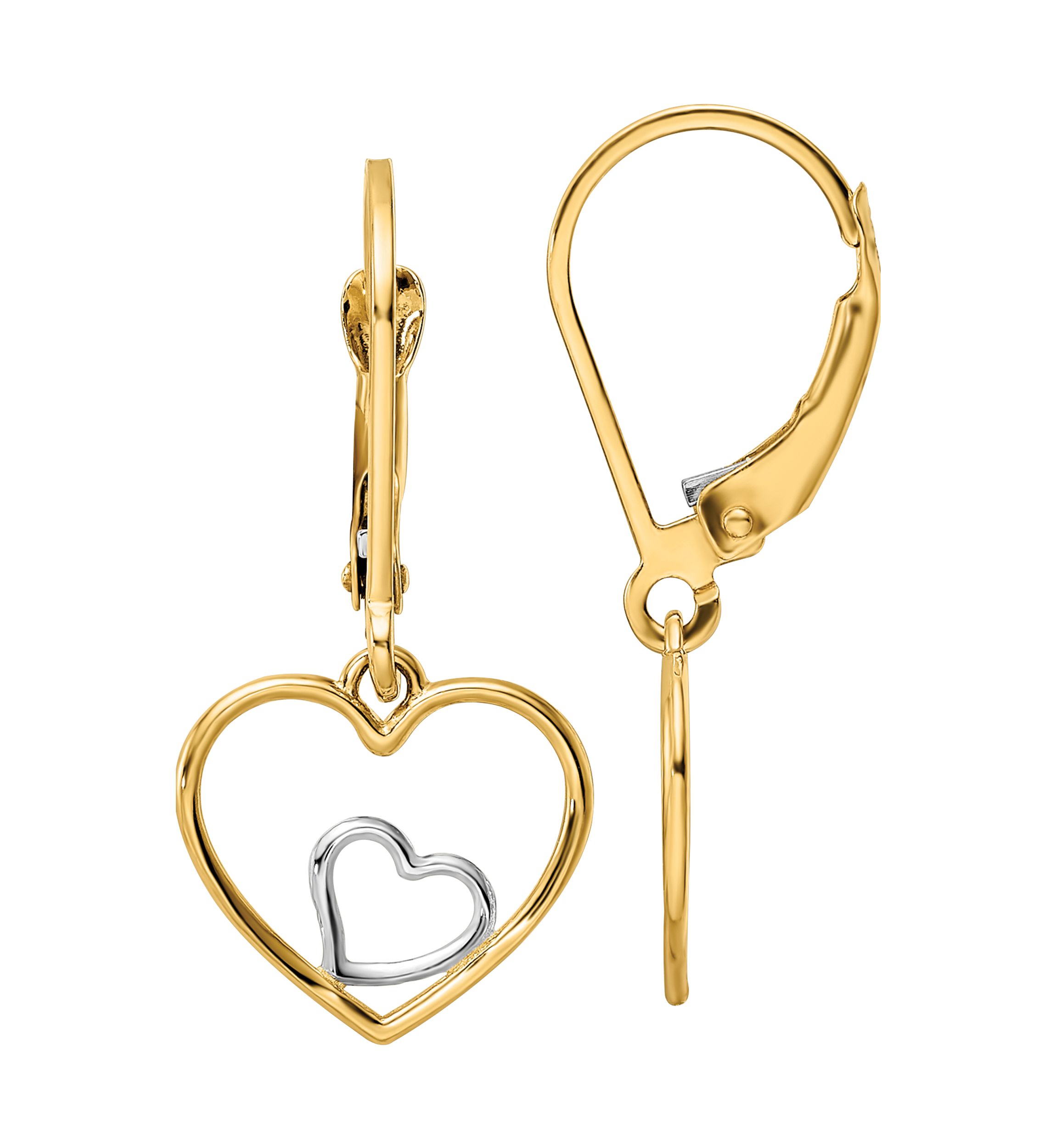 14K Yellow Gold with Rhodium Heart in Heart Lever Back Dangle Earrings