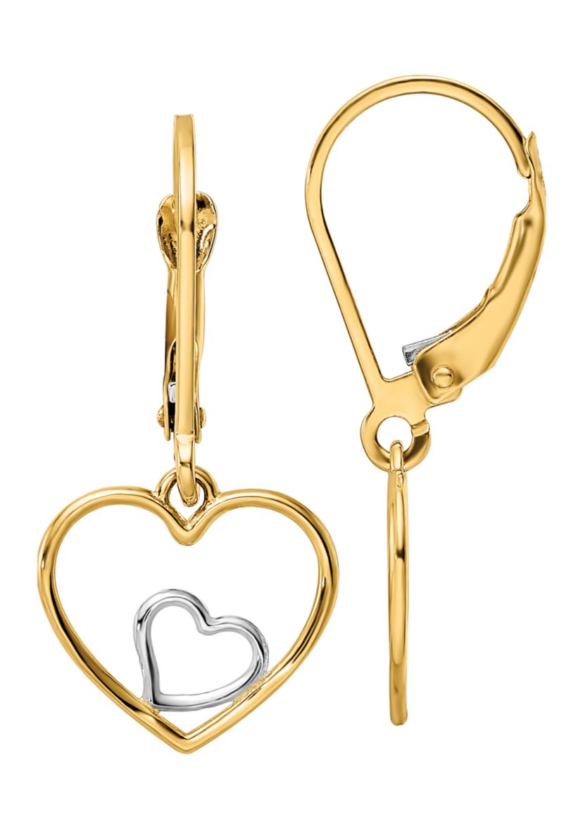 14K Yellow Gold with Rhodium Heart in Heart Lever Back Dangle Earrings
