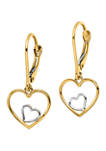 14K Yellow Gold with Rhodium Heart in Heart Lever Back Dangle Earrings